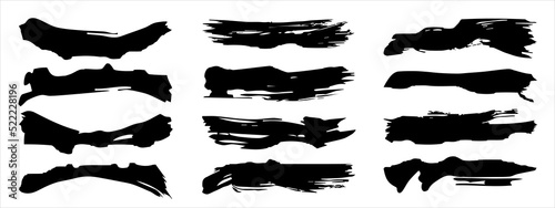 Vector collection of artistic grungy black paint hand made creative brush stroke set isolated on banner background. A group of abstract grunge sketches for design education or graphic art decoration