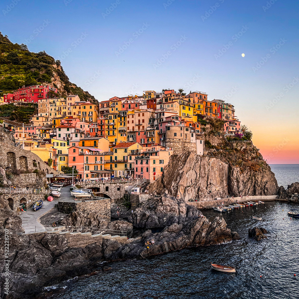 Manarola, Italy - July 2022: Manarola, one of the five Cinque Terre. This traditional fishing village is a travel attractions. Spezia, Liguria, Italy, Europe