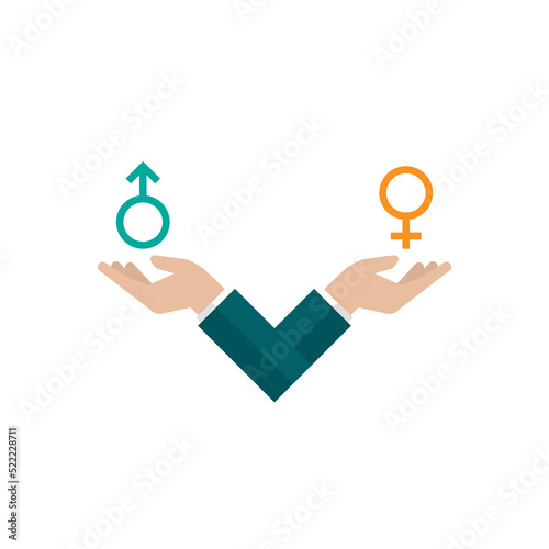 Gender and sexual equality concept. Businessman hands hold male and female sex symbols. Balance between man and woman. Fair comparison concept.