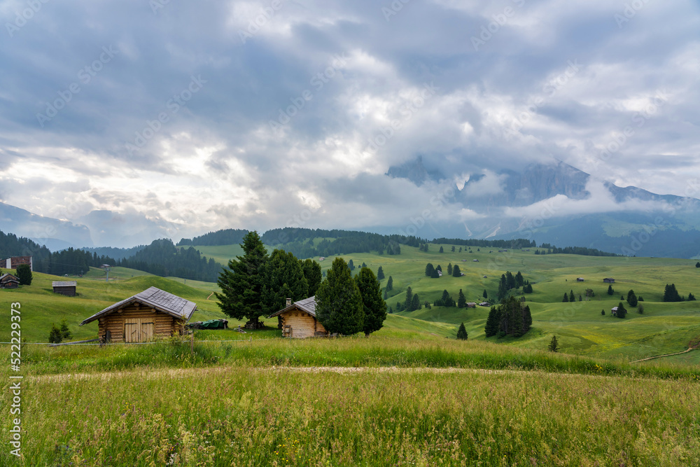 Ethereal green landscape with view of huts and trees on rolling hills and mountains hidden in fog at Sunrise of Alp De Suisi, Dolomites, Italy Ethereal green landscape with view of huts and trees on rolling hills and mountains hidden in fog at Sunrise of Alp De Suisi, Dolomites, Italy