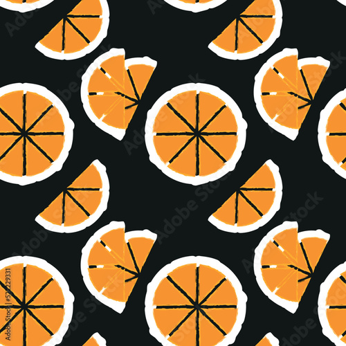 Orange seamless pattern. Full and half orange slices repeating on black background. Design for fabric, print, cover, card, textile. Vectorillustration.