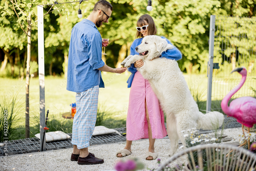 Φωτογραφία Young stylish couple hang out together and play with a dog at their beautiful backyard of country house