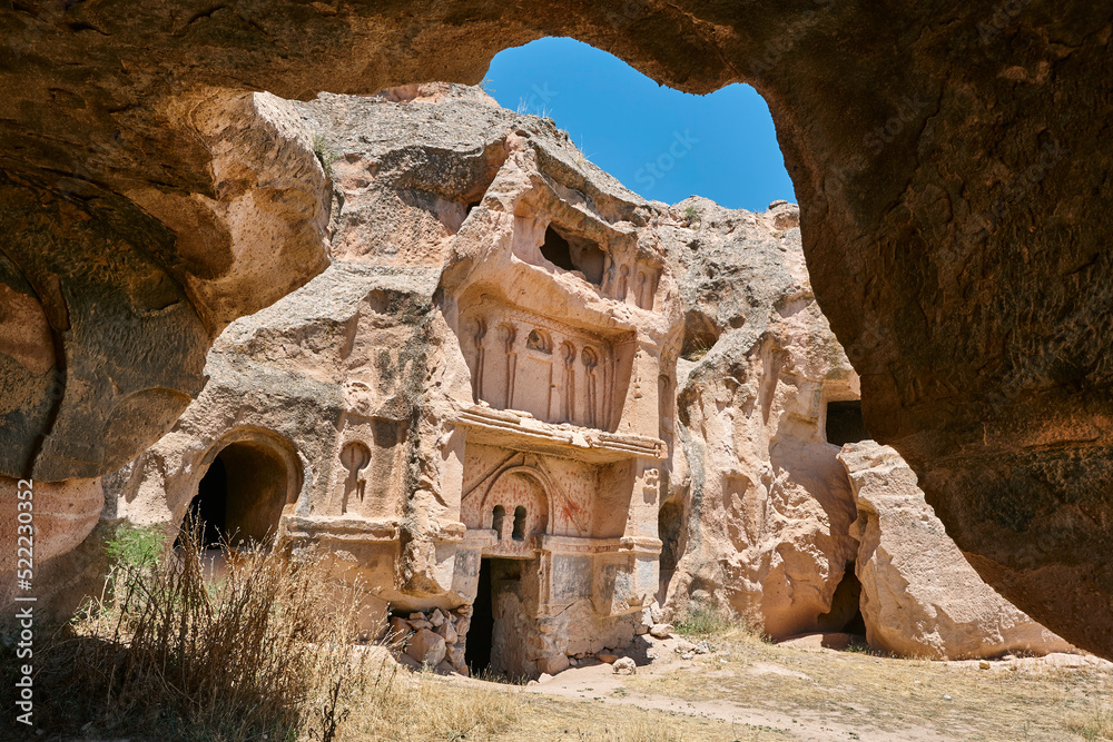 Ancient monastery carved in the rock in Gulsehir. Cappadocia, Turkey