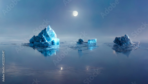 Winter landscape with glaciers. neon light. Blocks of ice on the water in Antarctica. Beautiful winter snow background. 3D illustration. © Terablete