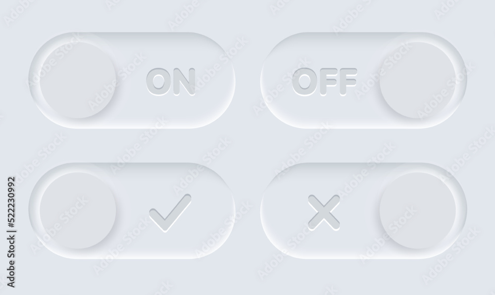 3D Neumorphism on off button symbol, soft white slider bars, active unlock and lock power badges, user interface switch panels.