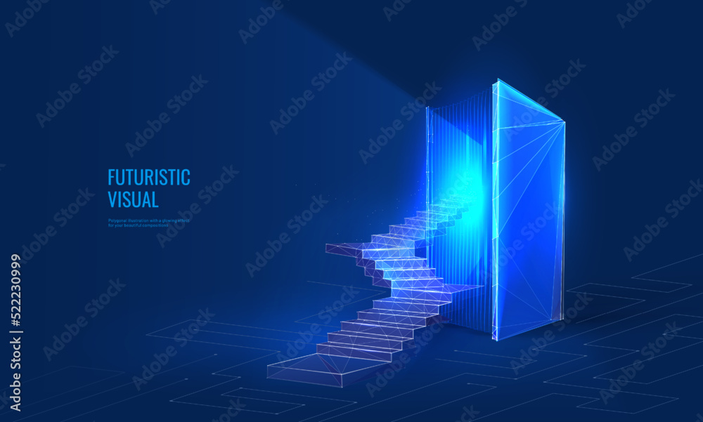 Online education concept in digital futuristic style. Ladder leading to the book, the concept of development and levels in e-learning. Vector illustration on a dark night background