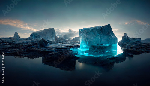 Winter landscape with glaciers. neon light. Blocks of ice on the water in Antarctica. Beautiful winter snow background. 3D illustration.