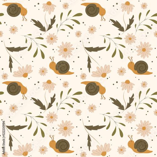 Cute seamless vector pattern with flowers, plant, chamomile and snail. Desert tones illustration. Floral seamless background for fashion prints. Vintage print. 