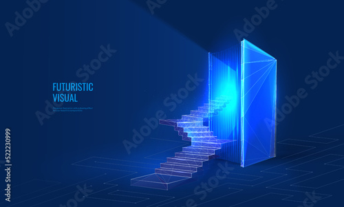 Online education concept in digital futuristic style. Ladder leading to the book, the concept of development and levels in e-learning. Vector illustration on a dark night background