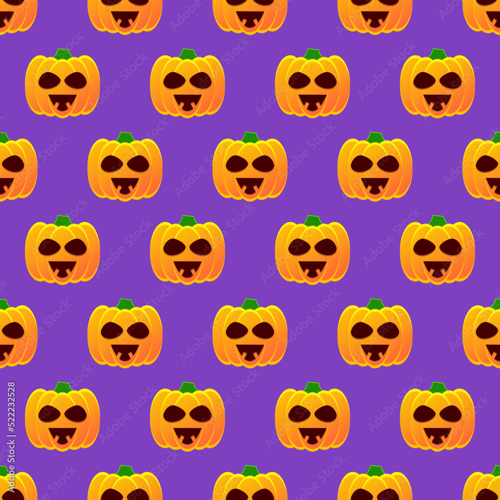 Halloween pumpkin seamless pattern. Colorful halloween pumpkin lanterns on purple background. Halloween background with funny face pumpkin. Design for print wrapping paper, fabric. Vector illustration Halloween pumpkin seamless pattern. Colorful halloween pumpkin lanterns on purple background. Halloween background with funny face pumpkin. Design for print wrapping paper, fabric. Vector illustration