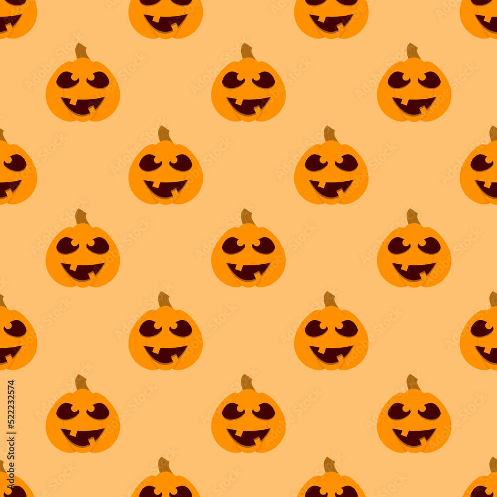 Halloween pumpkin seamless pattern. Halloween pumpkin lanterns on yellow background. Halloween background with orange pumpkin. Design for print wrapping paper, wallpaper, fabric. Vector illustration