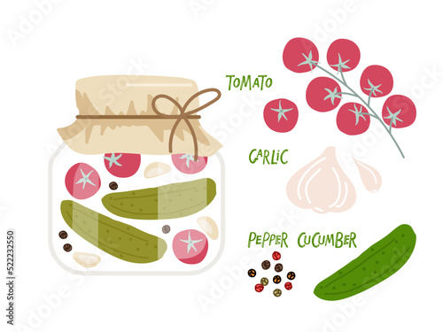 Canned cucumbers and tomato hand drawn doodle sketch isolated. Jar preserved vegetables with ingredients for recipe, vegetables and spices. Flat vector Food template for menu, sticker, recipe, market.