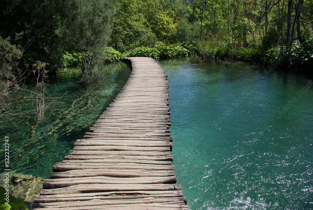 Fototapeta premium Pomost na jeziorze wokół krystalicznie czysta woda, Plitwickie Jeziora Chorwacja