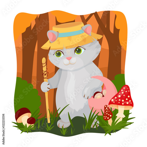 A gray cat in a funny hat collects mushrooms. Autumn entertainment. Pet. Kitten. Vector illustration.
