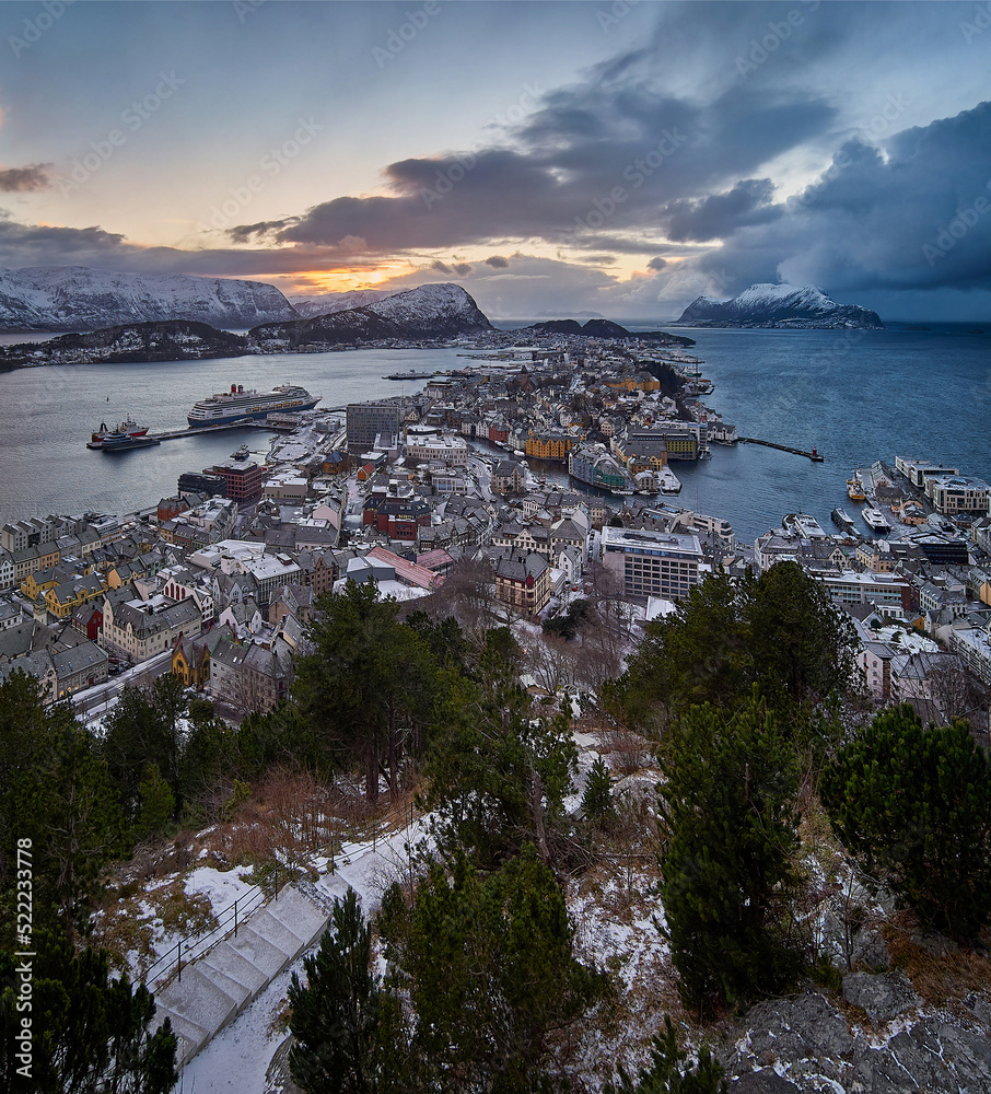 View over Ålesund from Aksla mountain during an incoming snowstorm, Norway.