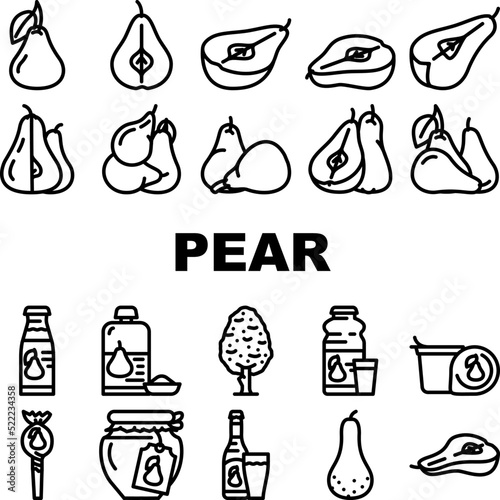 pear fruit half food slice icons set vector. white green leaf, cut fresh juicy ripe, asian organic raw piece, tree pear fruit half food slice black contour illustrations