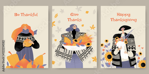 Thanksgiving greeting card set with cute girls with autumn flowers, leaves, vegetables and fruits