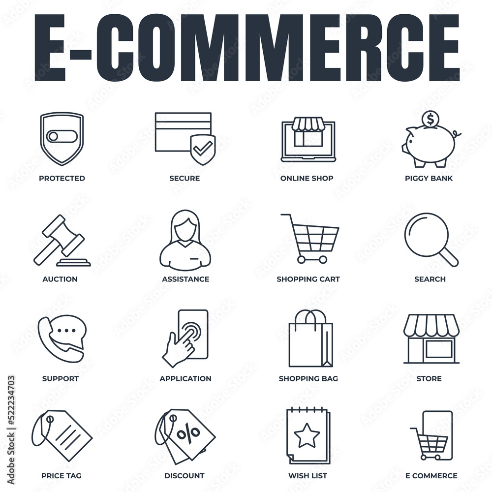 Set of E-commerce icon logo vector illustration. shopping cart, wish list, piggy bank, search, secure, protected shield and more pack symbol template for graphic and web design collection Set of E-commerce icon logo vector illustration. shopping cart, wish list, piggy bank, search, secure, protected shield and more pack symbol template for graphic and web design collection