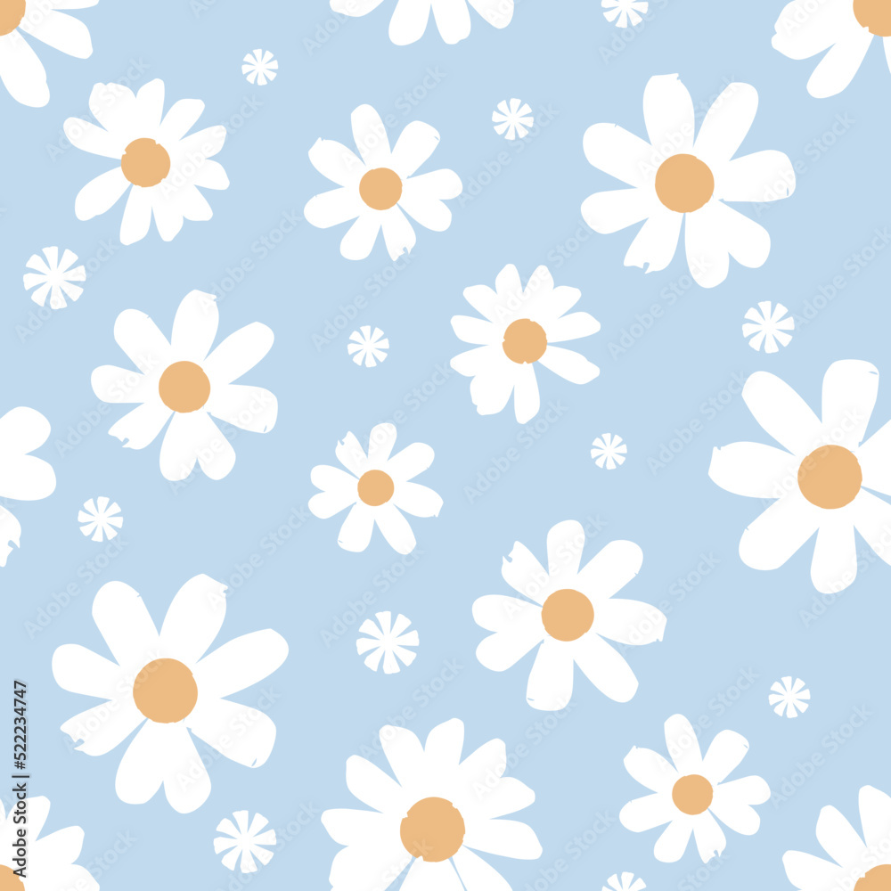 Seamless pattern with daisy flower on blue background vector. Cute floral print.