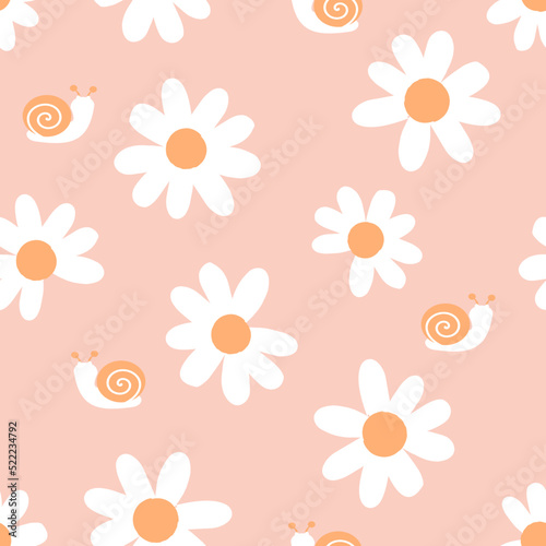 Seamless background with daisy flowers and snail cartoons on pink background vector. 