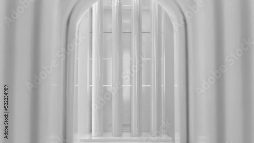 Moving camera forward corridor, different barriers moved out of the way, 3d animation white
