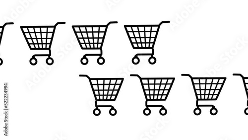 Shopping cart shadows black passing both sides horizontal 2d animation over white
