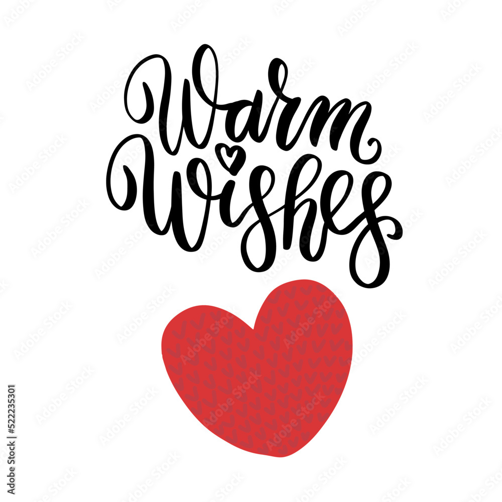 Warm wishes holiday quote hand lettering vector with red heart. Christmas wishes phrase for gift tag, greeting cards, label design