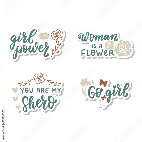 Wildflowers woman lettering set for stickers, greeting card, tshirt design. Girl power, woman is a flower, go girl, you are my shero photo