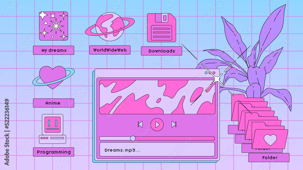 Vaporwave retro desktop with user interface elements. Modern anime illustrations in nostalgic colorful style of the 80s and 90s.