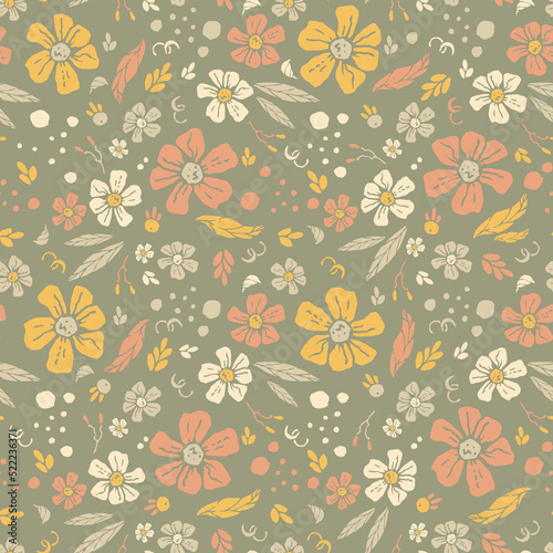 Colorful garden with flowers and leaves, Botanical seamless pattern, Vector background for for textile, fabric, wrapping paper, linens, wallpaper etc
