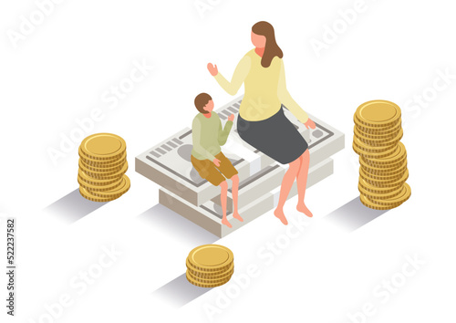 アイソメトリック＿お金の勉強をしている母親と男の子