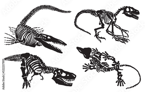 Graphical collection of skeletons of tyrannosaurus and crocodile isolated on white,paleontology