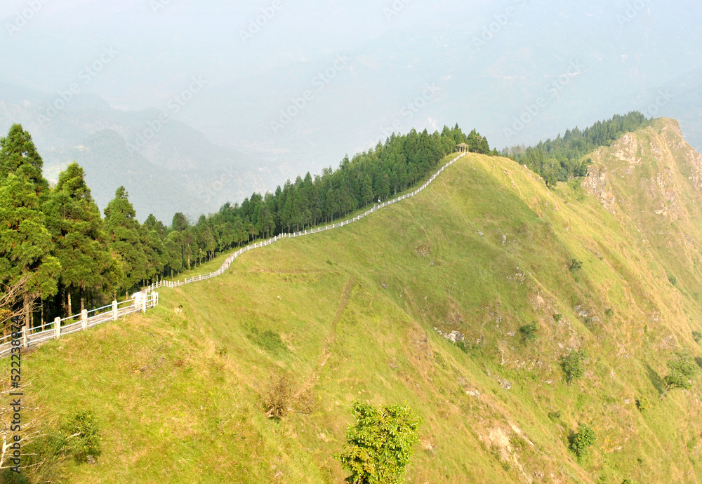Titanic shaped green hill with pine trees & long stairs at Tarey Bhir in Sadam, Sikkim. Tarey means Leo Carrillo Ranch plant and Bhir means a cliff & can view Darjeeling (right) & Kalimpong (left).