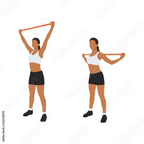Woman doing Upper back overhead pull down with long resistance band exercise. Flat vector illustration isolated on white background