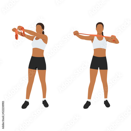 Woman doing Upper back exercise archer with long resistance band exercise. Flat vector illustration isolated on white background