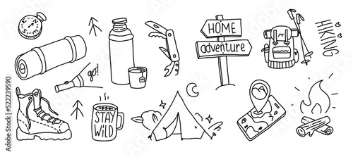 Hand drawn hiking illustration. Camping outdoor doodle set. Wild adventure equipment. Navigation and camp cartoon simple vector collection.