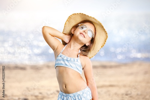 Sea kids Vacation concept. Happy Child fun on Beach.