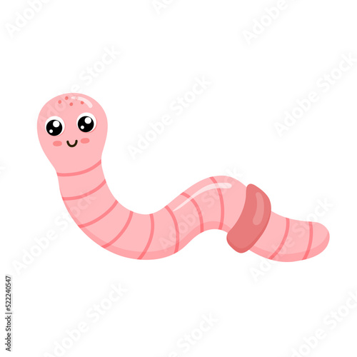Cute smiling worm isolated on white background. Funny insect and garden animals for children. Flat cartoon vector illustration