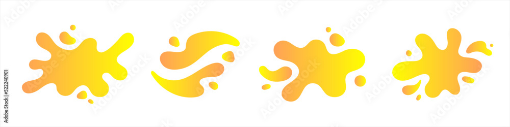 Liquid, rounded gradient yellow shapes set, splashes collection with uneven fluid wavy edge. Paint spot, blot, honey puddle, stain with drops, blobs. Graphic design elements, text backgrounds.