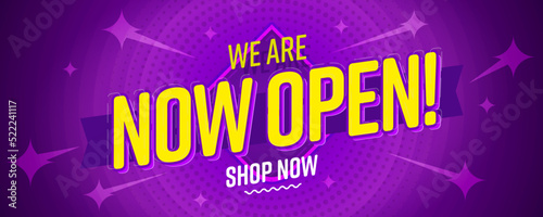 We are open promotion text with shop now invitation