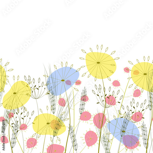 Seamless border summer meadow. Stylization of field herbs. Vector.