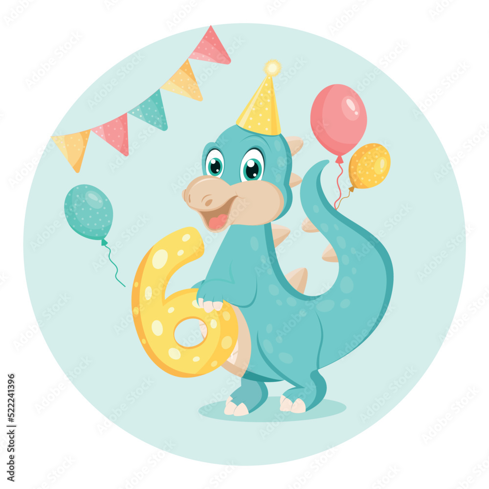 Fototapeta premium Cute baby dinosaur. Birthday invitation. six years, six months. Happy birthday greeting card.