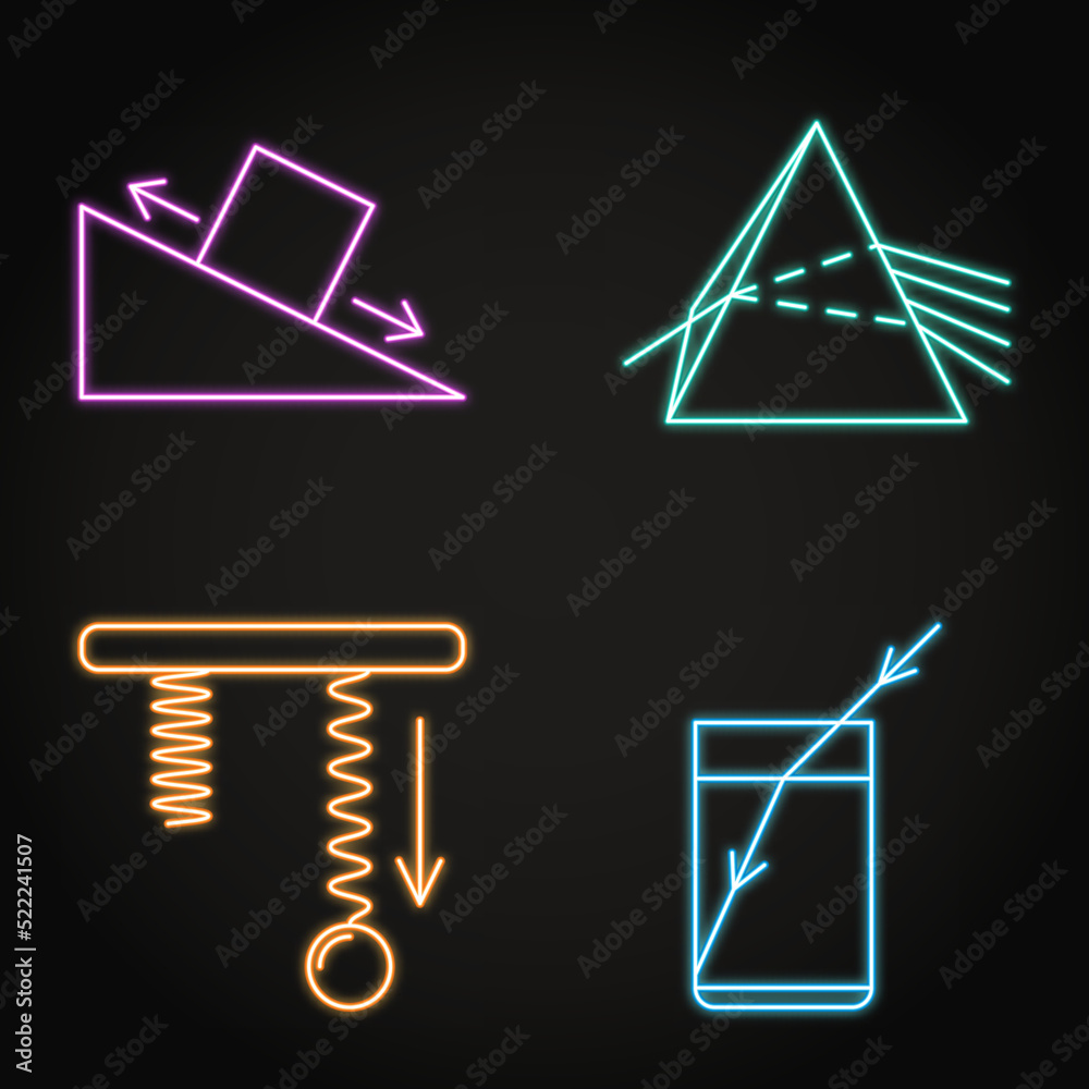 Physics neon icon set in line style Physics neon icon set in line style