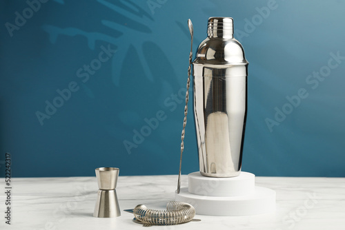 Quadro su tela Bartender equipment - stainless steel silver colored cocktail shaker, hawthorne