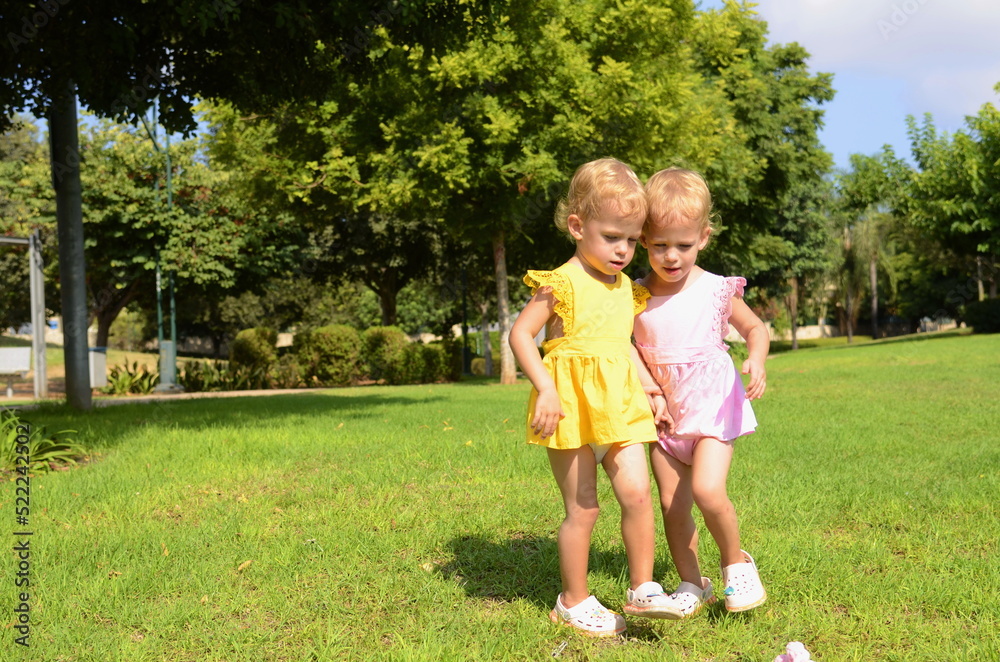 Cute twin girls, two years old. Blonde girls in yellow and pink dresses. The twins are walking in the park, the sisters are enjoying the summer.