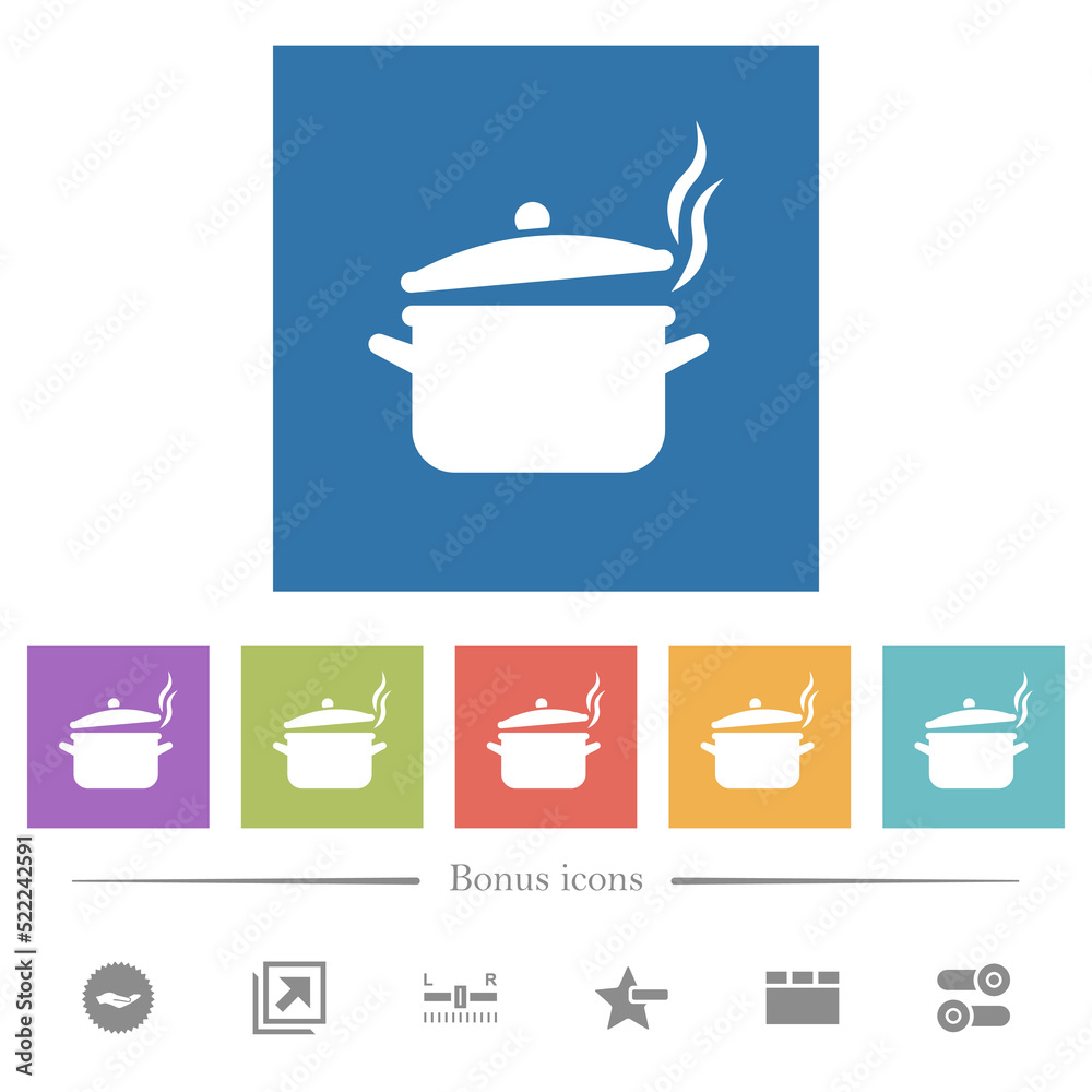 Steaming pot with lid flat white icons in square backgrounds Steaming pot with lid flat white icons in square backgrounds