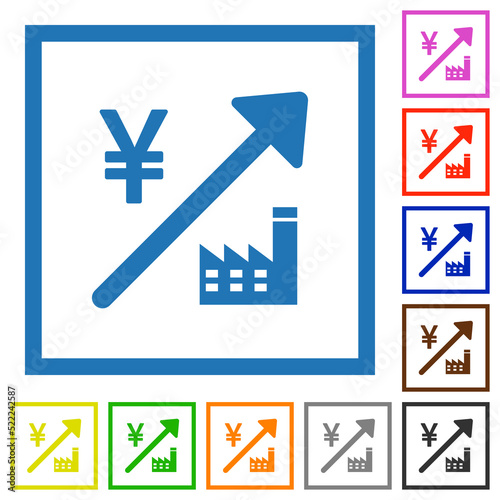 Rising power plant japanese Yen prices flat framed icons