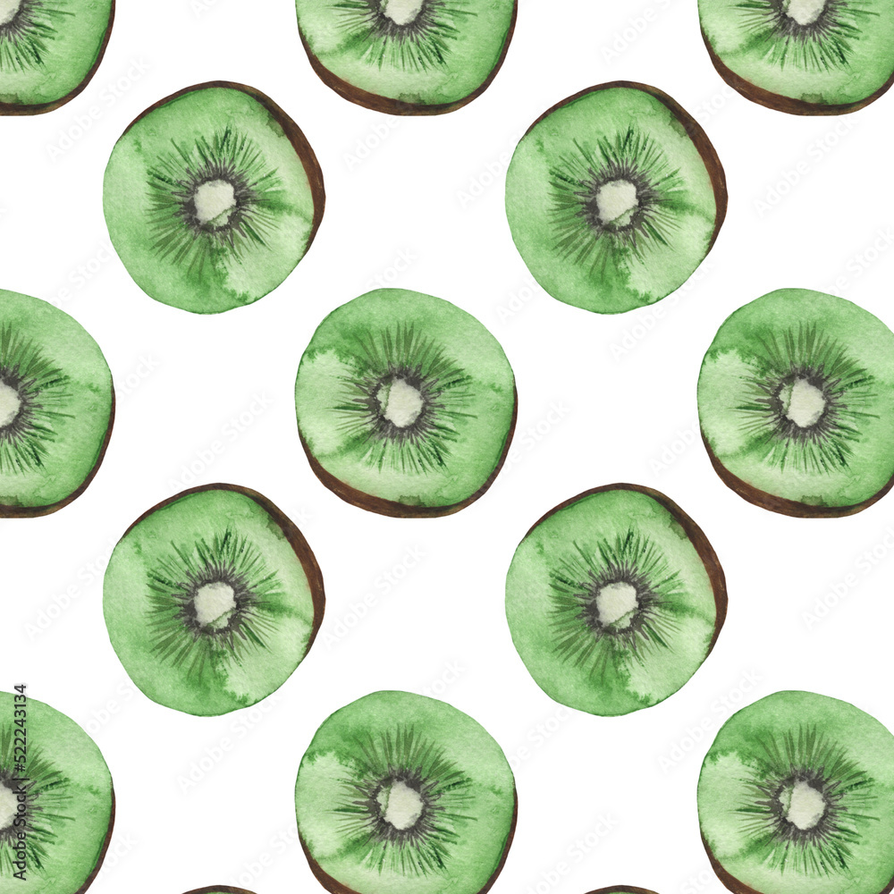 Fototapeta premium Tropical pattern. Exotic pattern. Tropical fruits pattern.Watercolor print on white background.Kiwi pattern.