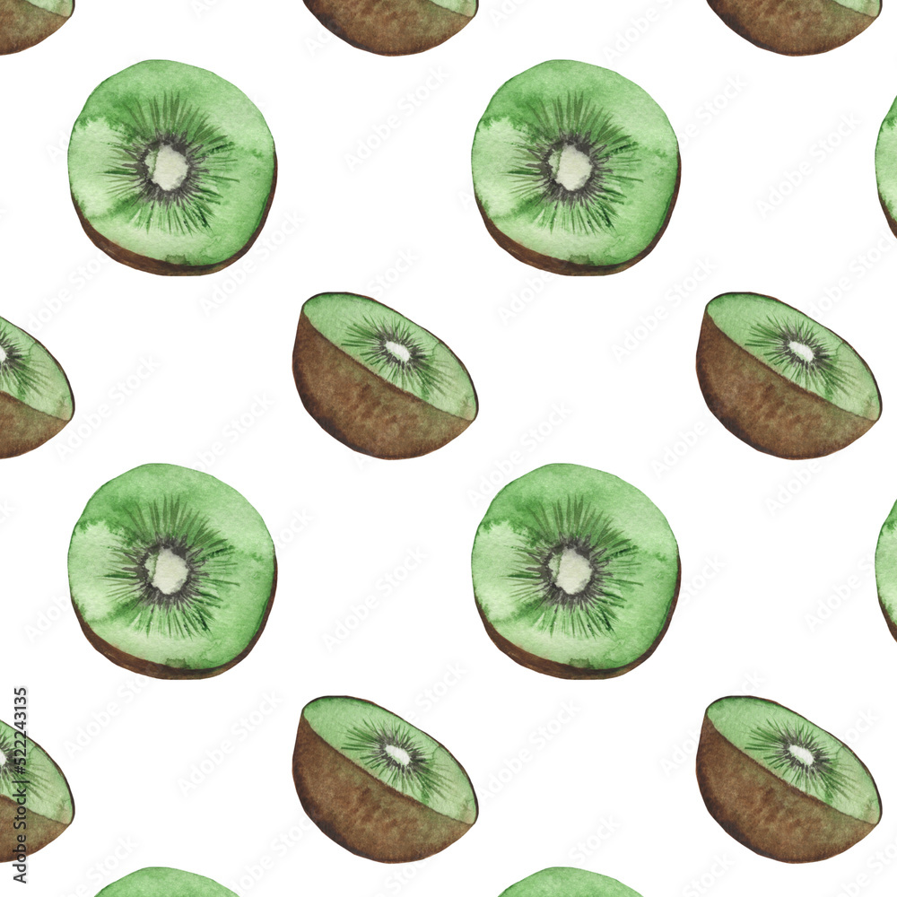 Fototapeta premium Tropical pattern. Exotic pattern. Tropical fruit pattern.Watercolor print on white background.Kiwi pattern.