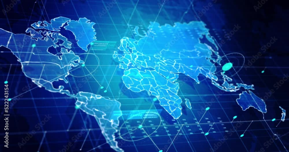 3D Rendering World map with moving line in the line cyber futuristic concept